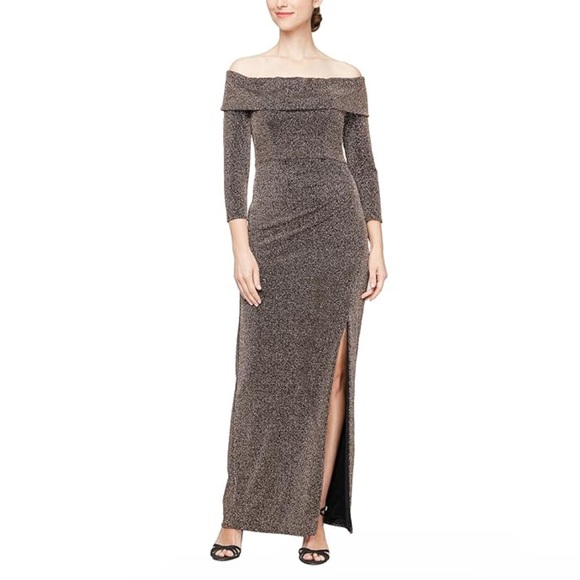 Alex Evenings Long Metallic Knit Off-the-Shoulder Dress - Picture 1 of 8